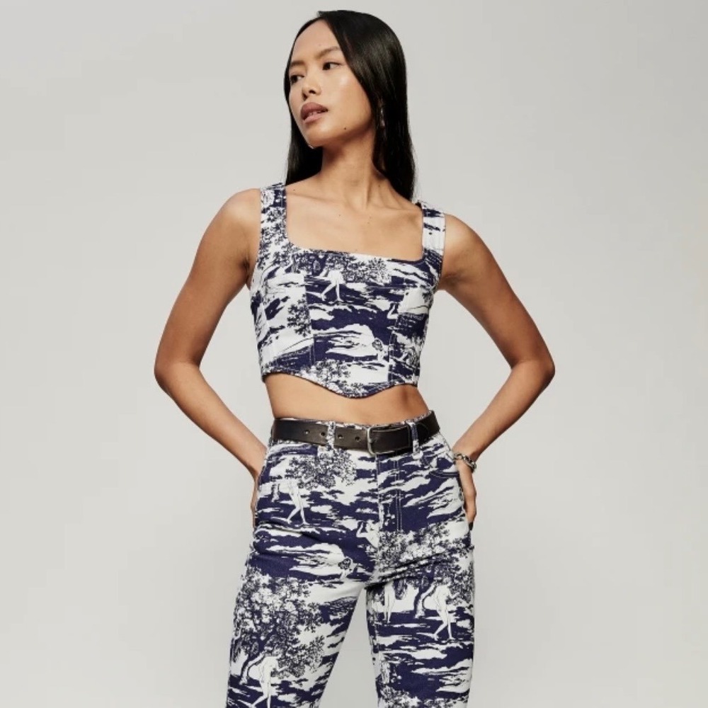 Reformation Jeans Raya Naked Lunch Denim Bustier Top Black White Toile Print 6